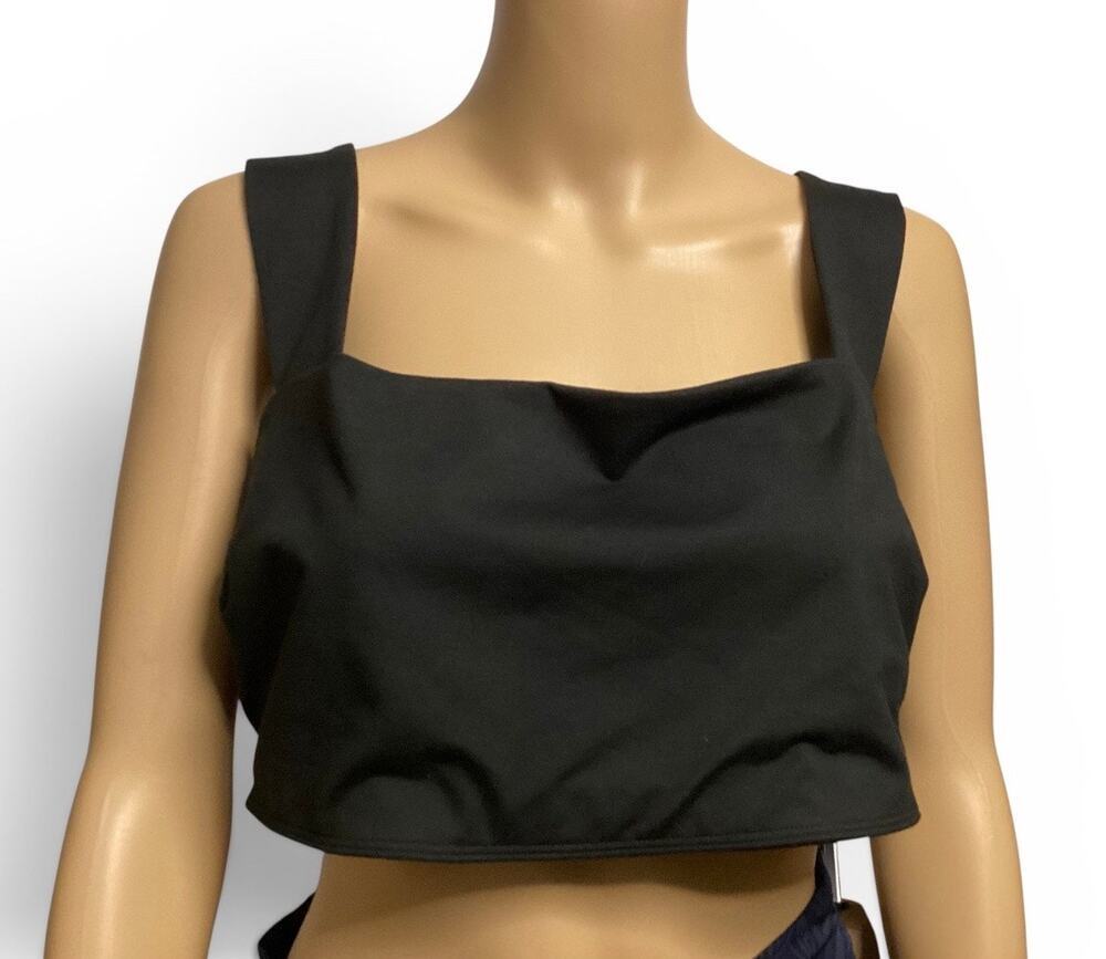 Reformation Ellie Eco stretch Black Cropped Sports Bra Square Neck Wide Strap 2X
